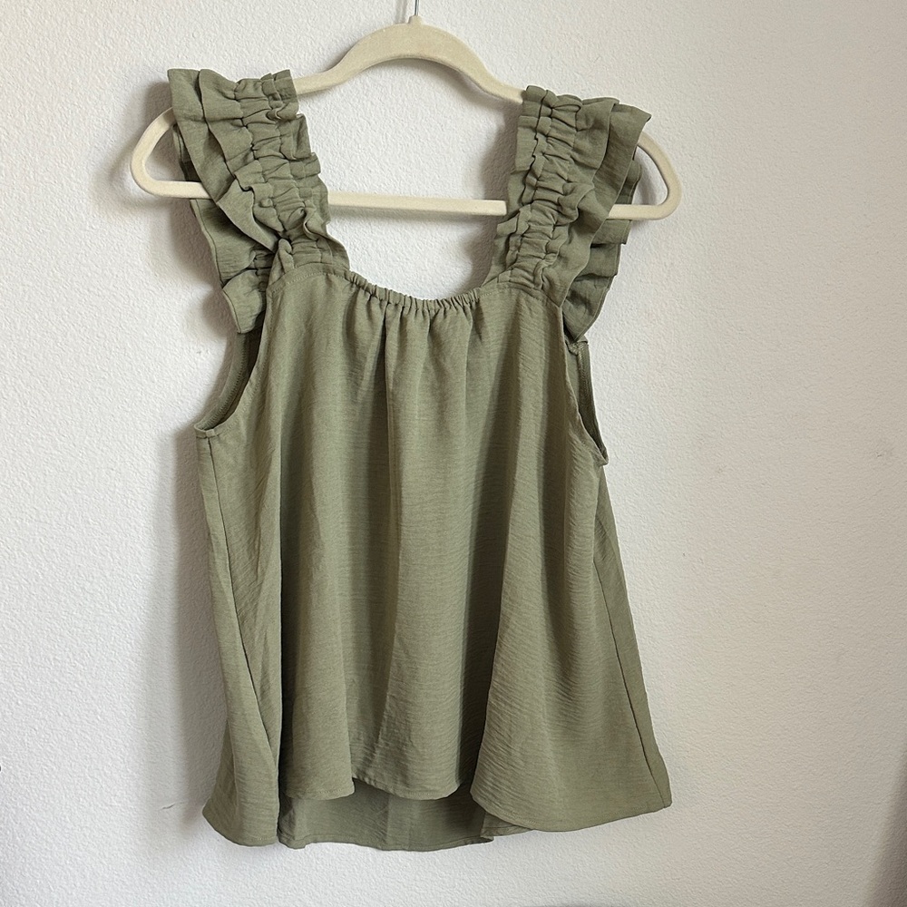 Ruffled Sleeve Women's Tank Top - Light Olive Green